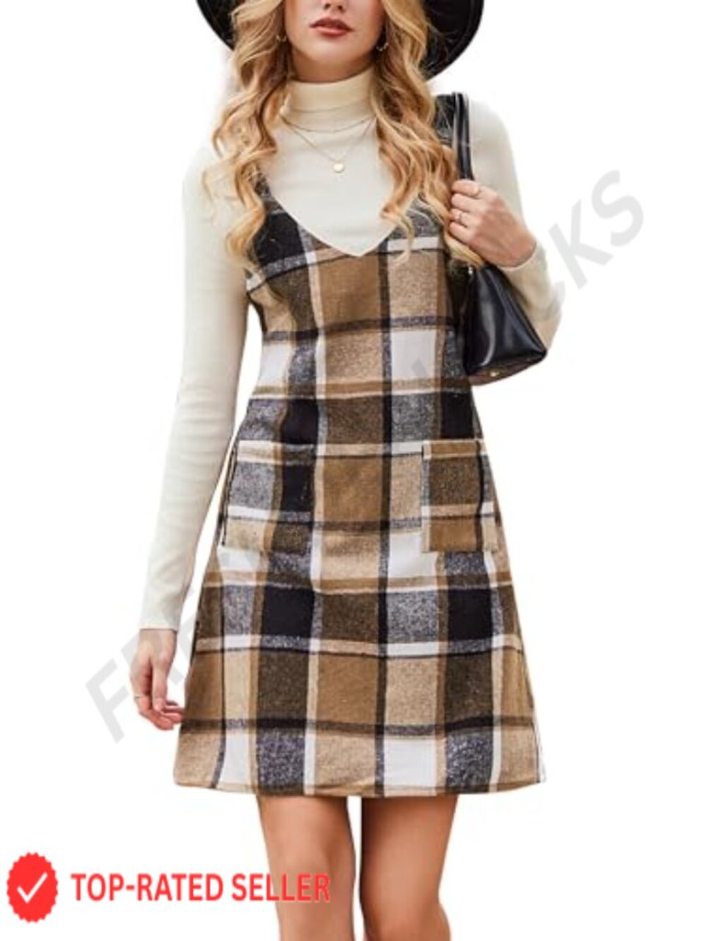 CUPSHE Plaid Pinafore Mini Dress Front Patch Pockets Wide Straps Fall Dress